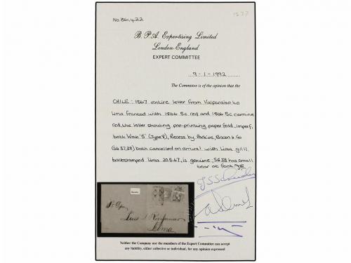 ¿ CHILE. Sc. 14 (2). 1867. VALPARAISO a LIMA. 5 cts. rojo, d