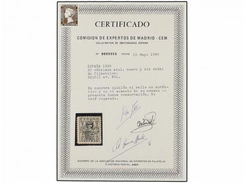 ** ESPAÑA. Ed. 801. 30 cts. azul. Excepcional centraje. PIEZ