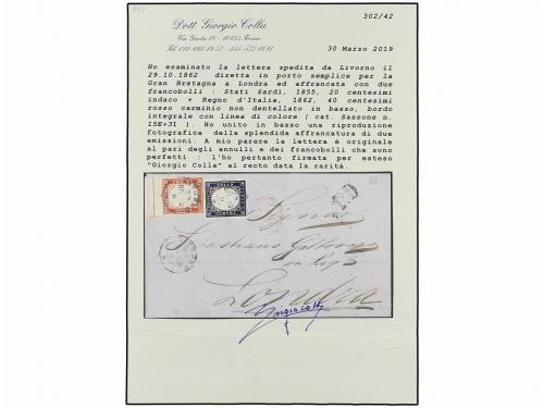 ¿ ITALIA. Sa. 3I + 15E. 1862. LIVORNO a LONDRES. 40 cts. car