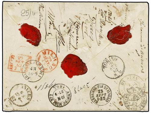 ¿ ITALIA. Sa. 3a. 1862. MILANO a ANVERS (Bélgica) y reexpedi