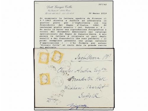 ¿ ITALIA. Sa. 4 (3). 1862. FIRENZE a SUFFOLK. 80 cts. amaril