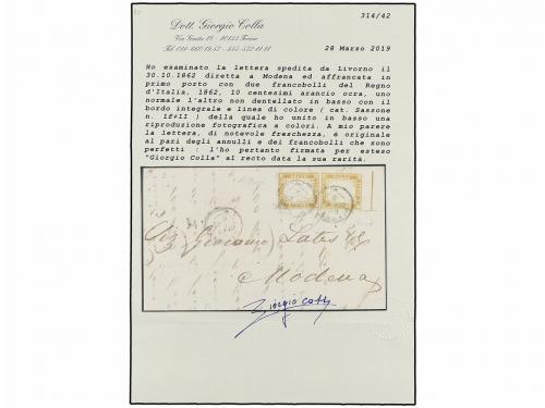 ✉ ITALIA. Sa. 1f + 1l. 1862. LIVORNO a MÓDENA. 10 cts. bistr