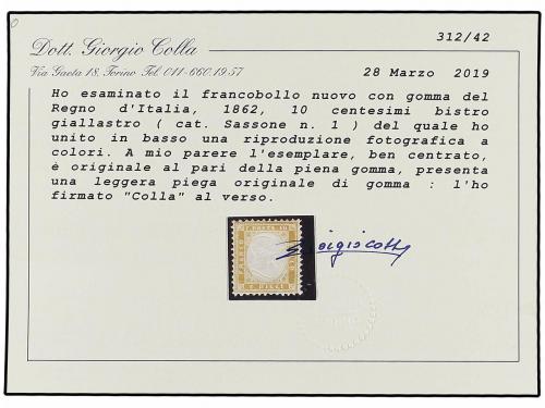 * ITALIA. Sa. 1. 1862. 10 cts. bistre amarillo. Excelente ce