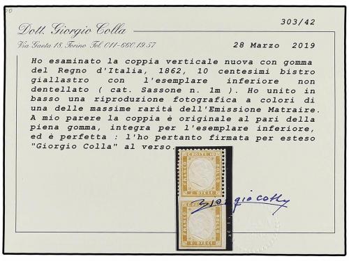 * ITALIA. Sa. 1m. 1862. 10 cts. bistre amarillo. Pareja vert