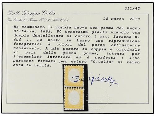 * ITALIA. Sa. 4nf. 1862. 80 cts. amarillo naranja. Pareja ve