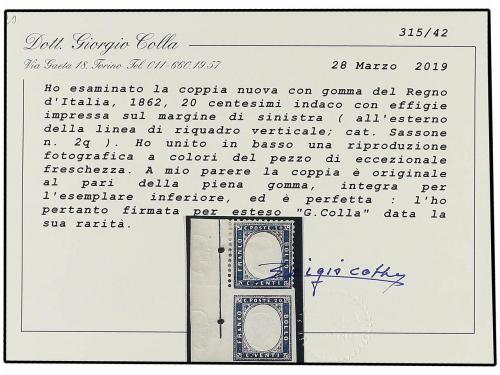* ITALIA. Sa. 2m + 2q. 1862. 20 cts. azul. Pareja vertical U