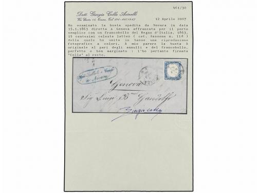 ✉ ITALIA. Sa. 11d. 1863. NOVARA a GÉNOVA. 15 cts. "celeste".