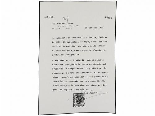 ° ITALIA. Sa. 12fa. 1863. 15 cts. azul tipo I, SIN LA LÍNEA 