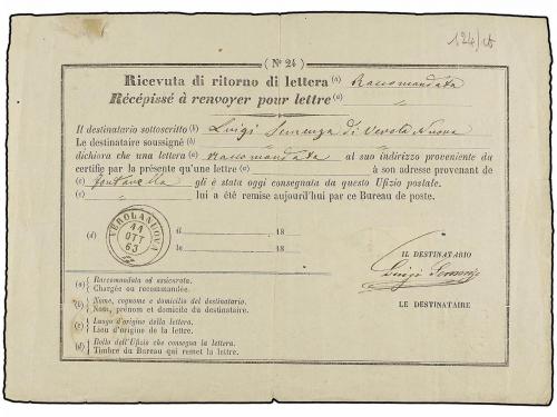 ✉ ITALIA. Sa. 13 + 13E. 1863. RECIBO DE CARTA CERTIFICADA en