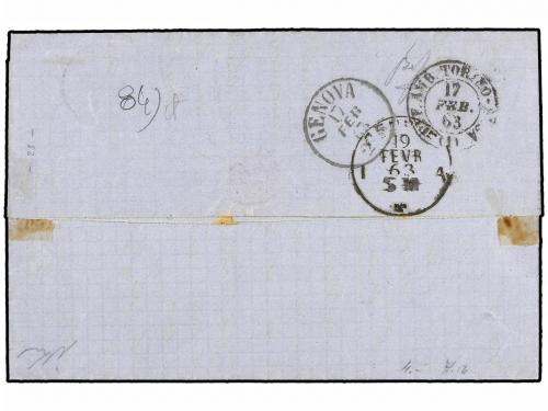 ¿ ITALIA. Sa. 11 (2). 1863. FIRENZE a GENEVE. 15 cts. azul (