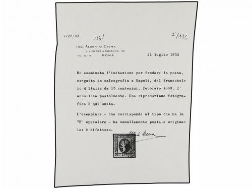 ° ITALIA. Sa. F4. 1863. 15 cts. azul FALSO POSTAL CALCOGRÁFI