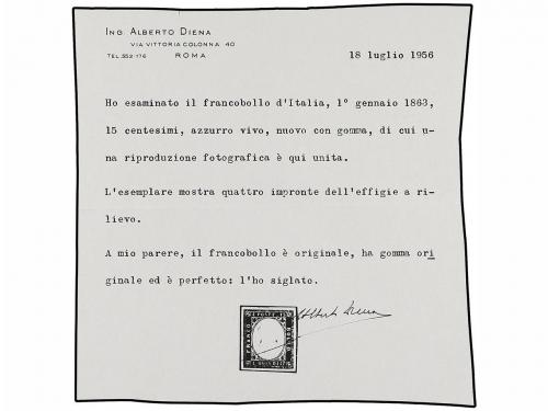 * ITALIA. Sa. 11kb. 1863. 15 cts. azul CUÁDRUPLE EFIGIE.