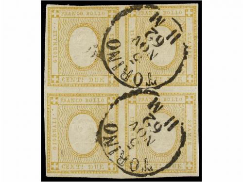 ° ITALIA. Sa. 10 (7). 1862. 2 cts. bistre bloque de cuatro y