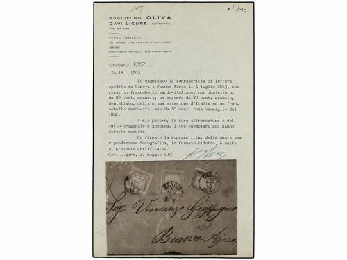 ¿ ITALIA. Sa. 4 + 16F, 17D. 1863. FRONTAL. GÉNOVA a BUENOS A