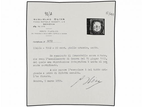 ° ITALIA. Sa. 4. 1862. 80 cts. amarillo. Mat. fechador GENOV