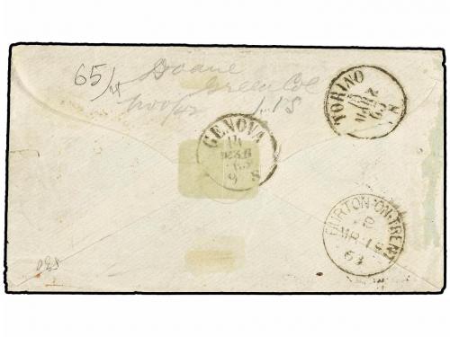 ¿ ITALIA. Sa. 3 + 14E (2). 1863. FIRENZE a BURTON (Gran Bret