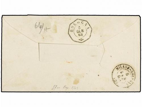 ¿ ITALIA. Sa. 3 + 13E. 1863. MILANO a BOLOGNA. 40 cts. rojo,