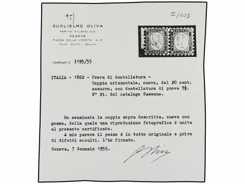 * ITALIA. Sa. 2o. 1862. 20 cts. azul PRUEBA DE DENTADO. Pare