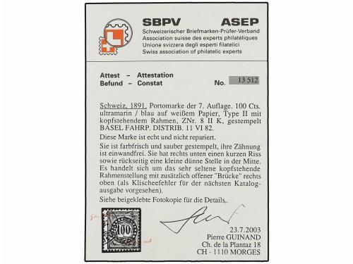 ° SUIZA. Zu. 8IIk. 1881. 100 cts. blue, tied BASEL FAHRP DIS