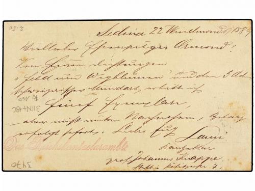 ✉ SUIZA. 1889. STETTIN a NEUCHATEL. Card franked with 5 pf. 