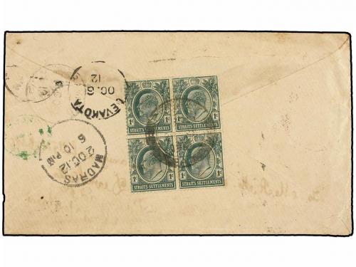 ✉ MALAYA. 1912. PENANG to INDIA. Envelope franked with four 