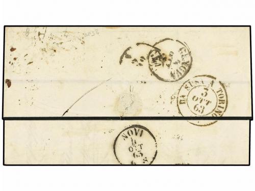 ✉ PORTUGAL. Af. 8, 9. 1863. LISBOA a GENOVA (Italia) y reexp
