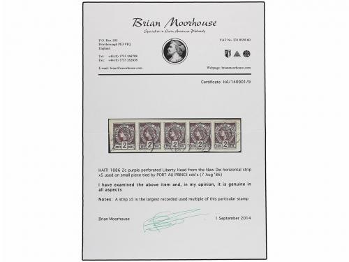 Δ HAITI. Sc. 19 (5). 1886. 2 cts. violeta. Tira de cinco sob