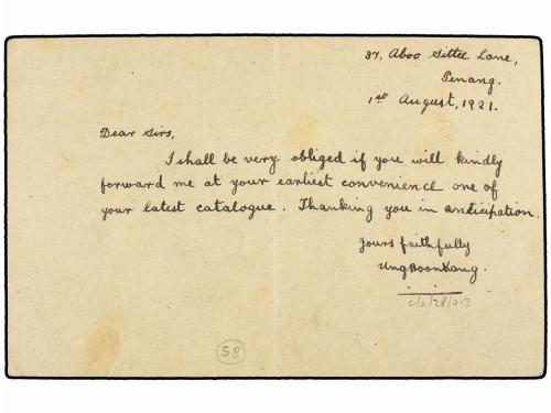 ✉ MALAYA. 1921. PENANG to LONDON. 2 cts. green postal statio