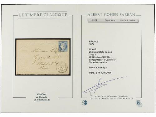 ✉ FRANCIA. Yv. 60. 1874. LONGJUMEAU a PARÍS. 25 cts. azul en