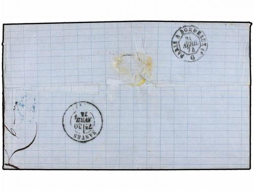 ✉ GUADALUPE. 1874. POINTE A PITRE a FRANCIA. 15 cts. bistre 