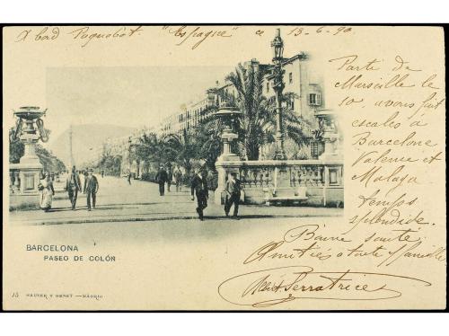 ✉ ESPAÑA. Ed. 218. 1899. MÁLAGA a FRANCIA. Tarjeta postal es