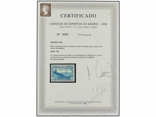 ** ESPAÑA. Ed. 759. Aéreo + 5 pts. azul. LUJO. Cert. CEM. Ca
