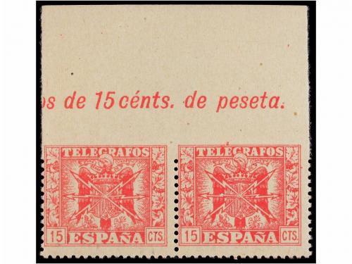 ** ESPAÑA: TELEGRAFOS. Ed. 78. 15 cts. rosa. Pareja SIN DENT