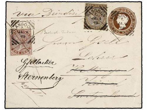 ✉ BIRMANIA. 1889. RANGOON to SWITZERLAND. 1 anna envelope up