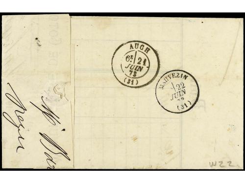 ✉ FRANCIA. Yv. 60. 1873. TOULOUSE a MAUVEZINT. 25 cts. azul 