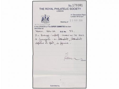 ✉ MEXICO. 1865. LEON a FRANCIA. 2 reales amarillo, mat. circ