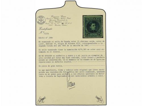 * ESPAÑA. Ed. 248ec. 25 cts. verde, ERROR DE COLOR. Extraord