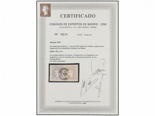 Δ ESPAÑA. Ed. 107, 111. 50 mils. azul, 1 Esc. 600 mils. gris