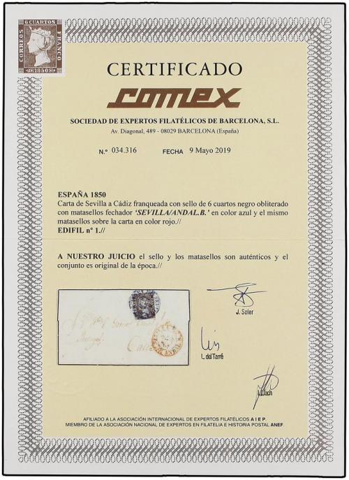 ✉ ESPAÑA. Ed. 1. 1850. 6cs. black used in 1850 from SEVILLE 