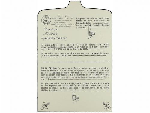 ** ESPAÑA. Ed. 2876A. EXPO'92. 50 pts. Bloque de seis, en cu