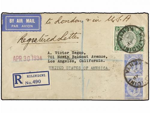 ✉ KENIA. 1934. KILINDINI to USA. AIR MAIL cover franked with