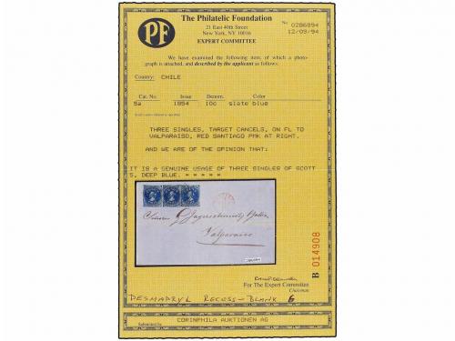 ✉ CHILE. Sc. 5. 1854. SANTIAGO to VALPARAISO. 10 ctvos. blue
