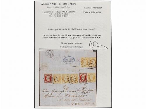 ¿ FRANCIA. Yv. 13 (6), 18 (2). 1854. PARÍS a NEW YORK. 10 ct