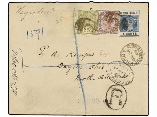 ✉ CEILAN. Sg. 131, 136. 1896. KANDY to USA. 5 cts. blue post
