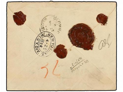 ✉ CEILAN. Sg. 131, 136. 1896. KANDY to USA. 5 cts. blue post