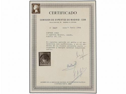 ° ESPAÑA. Ed. 23. 3 cuartos bronce dorado. Ejemplar con marg