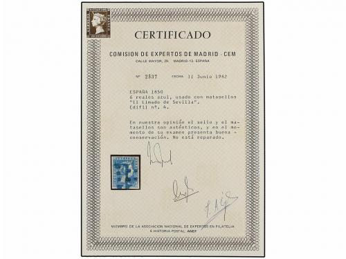 ° ESPAÑA. Ed. 4. 6 reales azul. Mat. 11 LIMADO DE SEVILLA. M