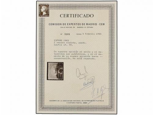 ° ESPAÑA. Ed. 79. 2 reales lila, mat. R.C. 2 de BARCELONA. E