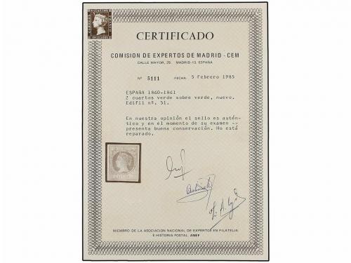 * ESPAÑA. Ed. 51. 2 cuartos verde. MAGNÍFICO EJEMPLAR. Cert.