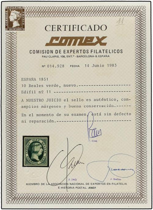 ° ESPAÑA. Ed. 11. 10 reales verde. Color y márgenes excepcio